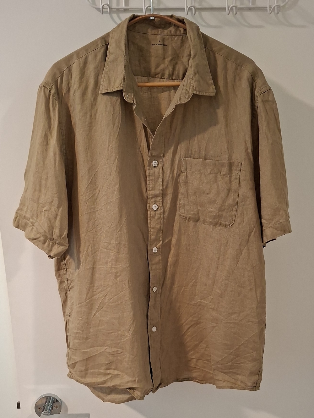 Muji Luxe 100% Linen Tan Resort-style Short-sleeve Button-up Shirt (Size L)